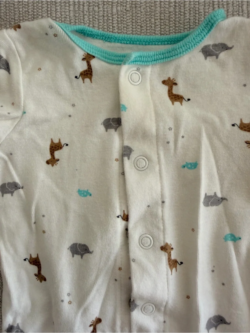 Carter's white Footed One-Piece with Brown & Gray zoo Animal Print and Teal Trim